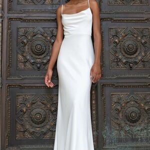 Jenny Yoo White Satin Slip Maxi Dress with Spaghetti Straps
